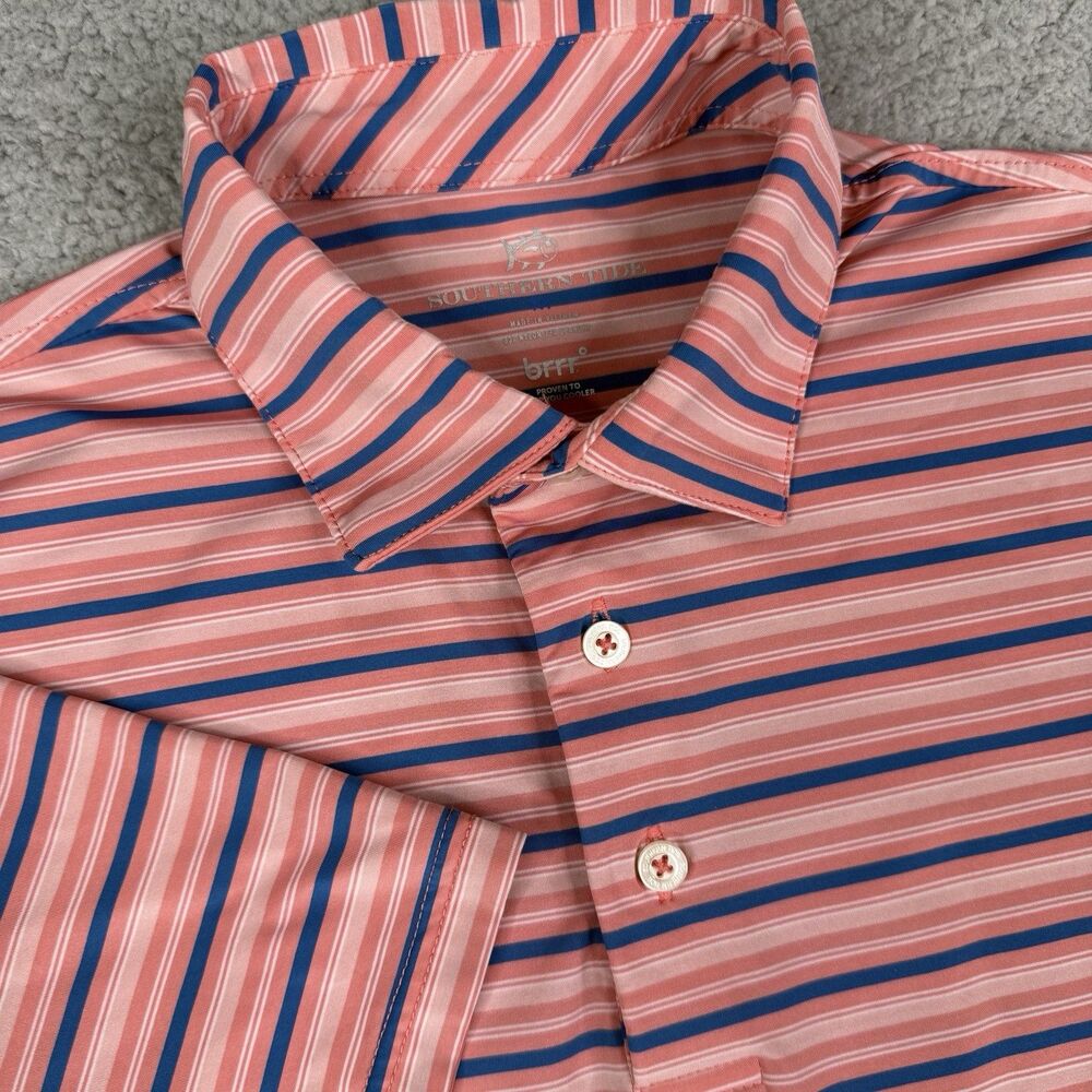 Southern Tide Polo Shirt Mens Medium Pink Stripe brrr Performance Golf Cooling